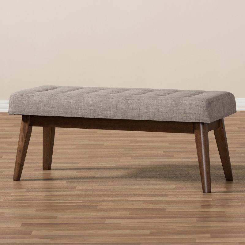 Elia Mid Century Modern Walnut Wood Fabric Button Tufted Bench Light Gray - Baxton Studio