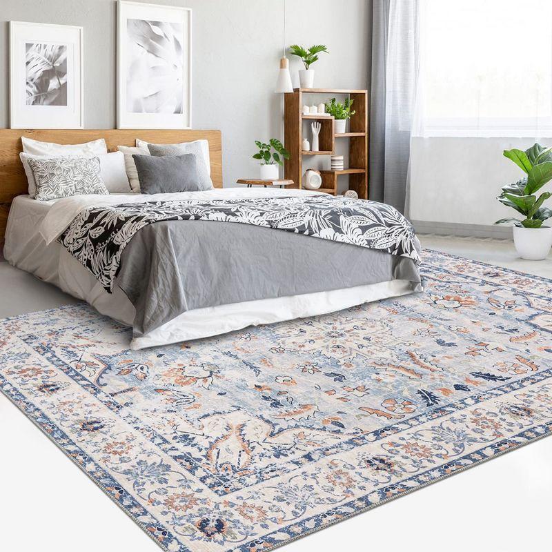 9x12 Area Rug Vintage Medallion Distressed Rug Machine Washable Area Rugs for Living Room Non-Slip Stain Resistant Accent Rug, Blue