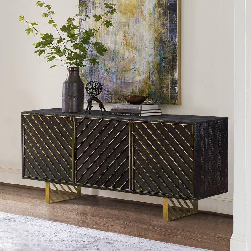 Armen Living Monaco Rectangular Sideboard Black Wood/Antiqued Brass: Mid-Century Buffet Server, 6 Shelves, 3 Doors