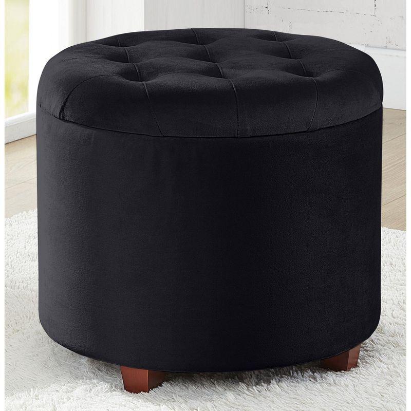 Ornavo Home Velvet Upholstered Round Tufted Storage Ottoman with Wooden Legs - Black