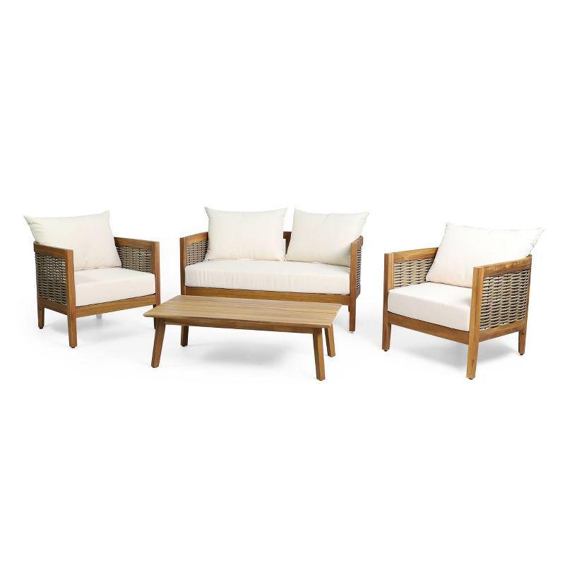 Burchett Outdoor Acacia Wood 4 Seater Chat Set with Cushions: Wicker Accents, UV-Resistant - Christopher Knight Home