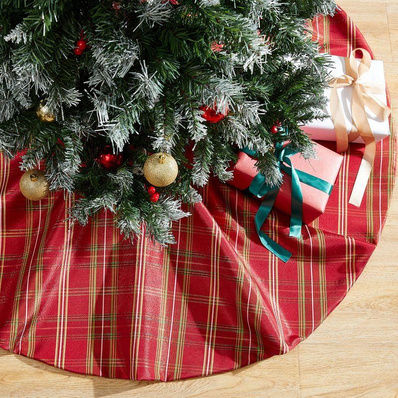 Shimmering Plaid Round Holiday Tree Skirt - Red/Green - Elrene Home Fashions