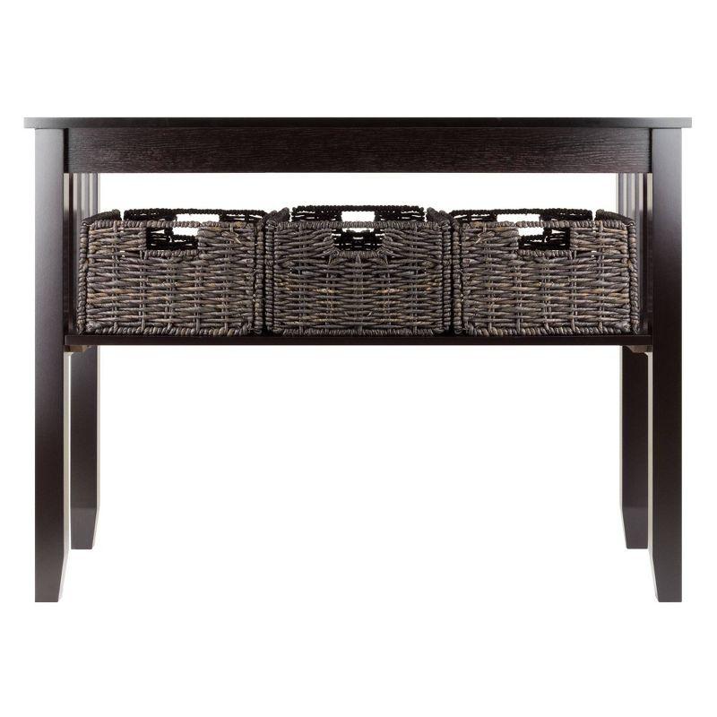 Transitional Espresso Brown Rectangular Console Table with Glass Top & Storage Baskets