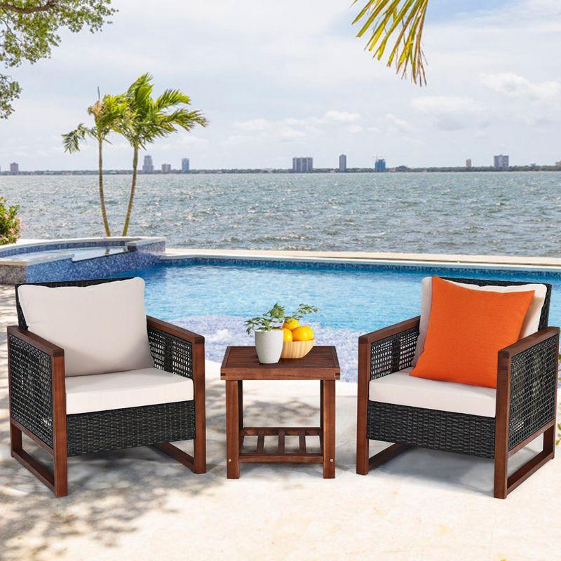 Tangkula 3-Piece Patio Rattan Wicker Bistro Set Acacia Wood Frame Sofa and Side Table