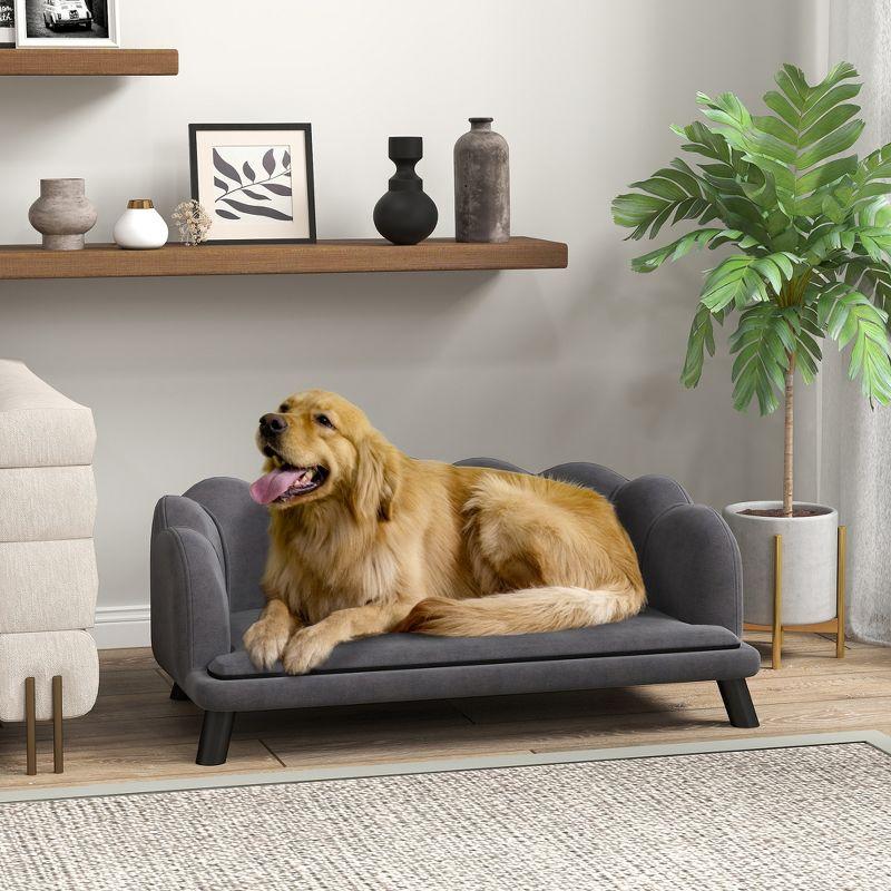 PawHut Pearl Design Pet Sofa for Medium and Large Sized Dogs, Pet Bed with Cushion and Solid Wood Legs, Charcoal Gray