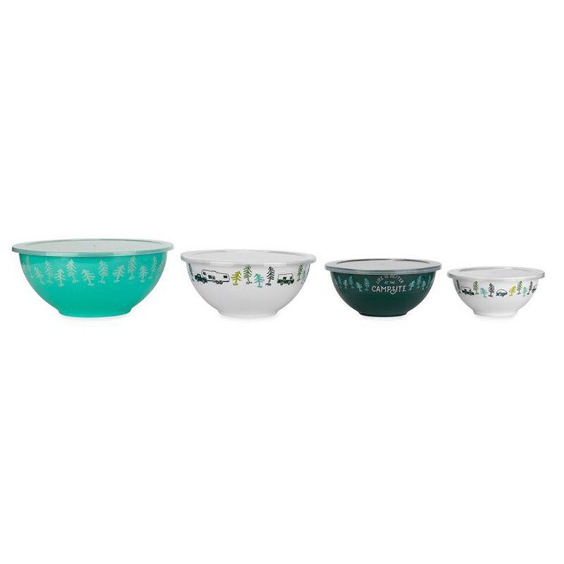 Camco Life is Better at The Campsite Nesting Bowl Set, Includes (4) Durable Melamine Bowls with (4) Plastic Lids Suitable for On-The-Go Lifestyles