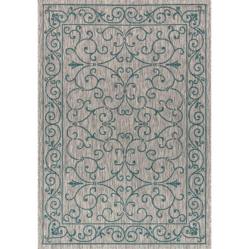 5'x8' Charleston Vintage Filigree Textured Weave Indoor/Outdoor Area Rug, Gray/Teal - JONATHAN Y
