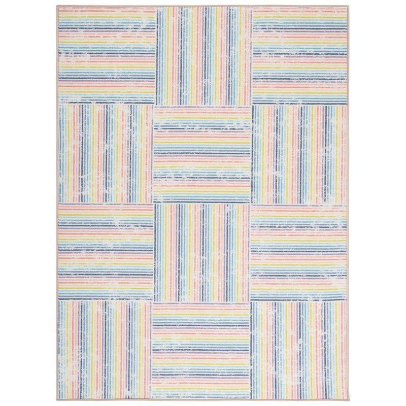 Ivory and Blue Geometric Stripes Kids Playhouse Rug, 6'7" x 9'