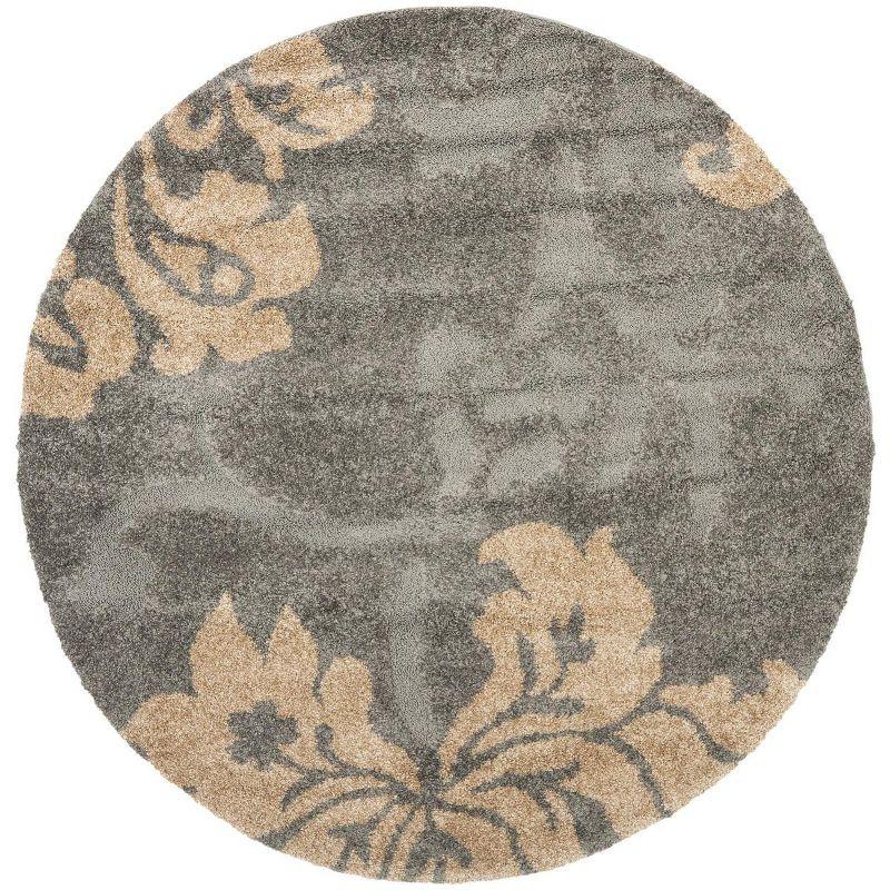 Grey and Beige Round Floral Shag Area Rug