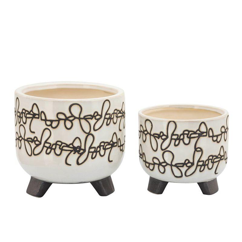 Sagebrook Home Set of Two 6"H/8"H Ivory and Brown Ceramic Abstract Scribble Line Design Footed Planters