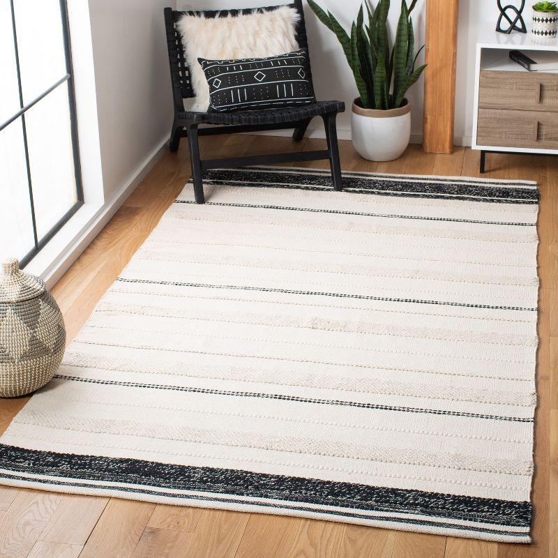 Ivory and Black Striped Kilim 3' x 5' Wool Cotton Area Rug