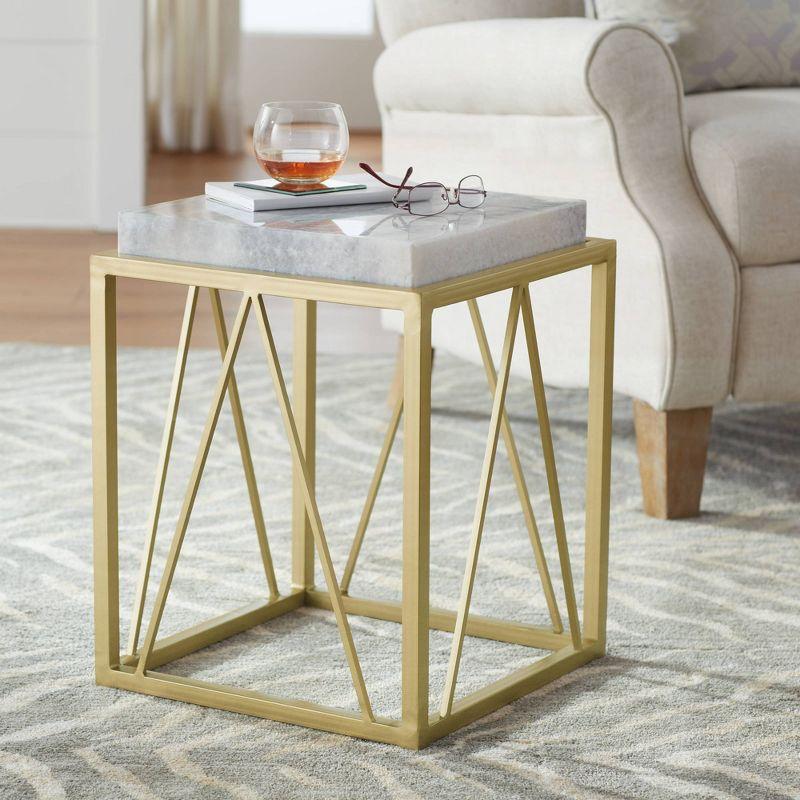 Gold and White Marble Square Accent Table with Geometric Metal Frame