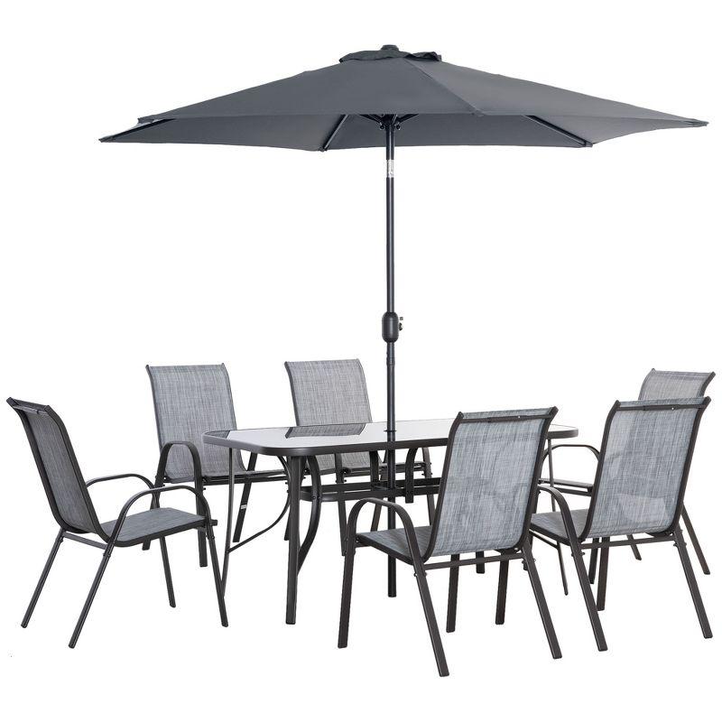 Outsunny 8 Piece Patio Furniture Set with Umbrella, Outdoor Dining Table and Chairs, 6 Chairs, Push Button Tilt and Crank Parasol, Glass Top