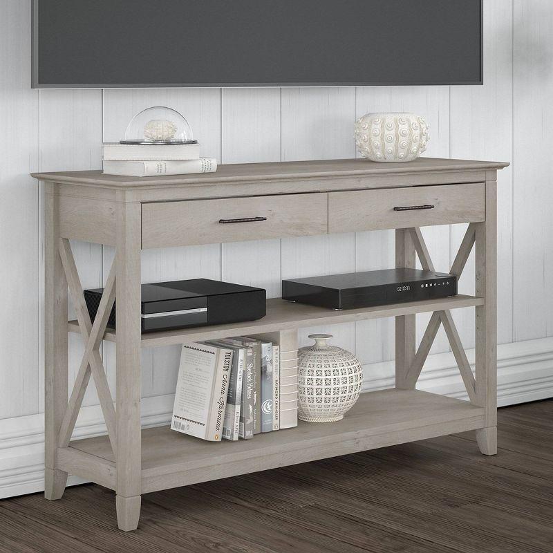 Washed Gray Farmhouse Console Table with Storage and X Pattern Accents