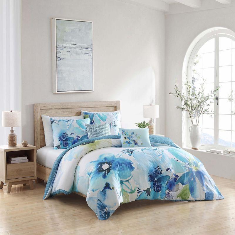 Bebejan Watercolor Blue 100% Cotton Sateen 5 Piece Reversible Comforter Set