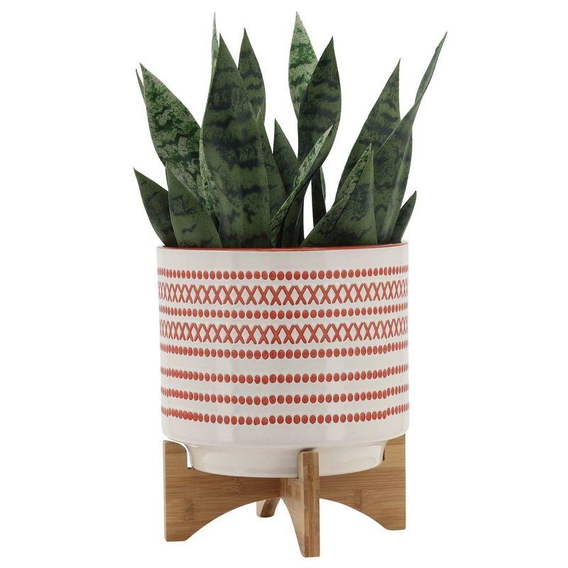 Aztec-Inspired 10" Ceramic Planter with Wooden Stand in Orange