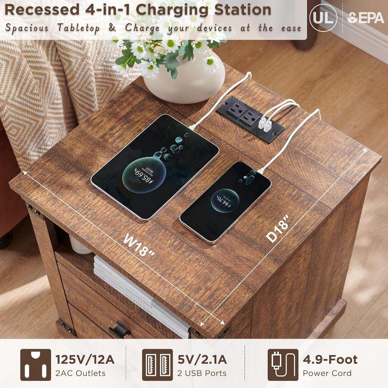 Nightstand with Charging Station & 2 Drawers, Farmhouse 18" Wide Night Stand, Rustic End Table for Bedroom, Reclaimed Barnwood