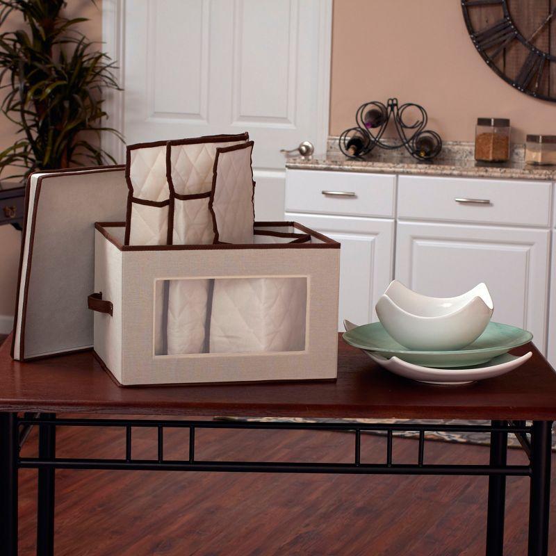 Large Serveware Storage Box, Polyester Canvas with Fiberboard Sides, 3 Protective Pouches, Fully Removable Lid, Natural with Brown Trim