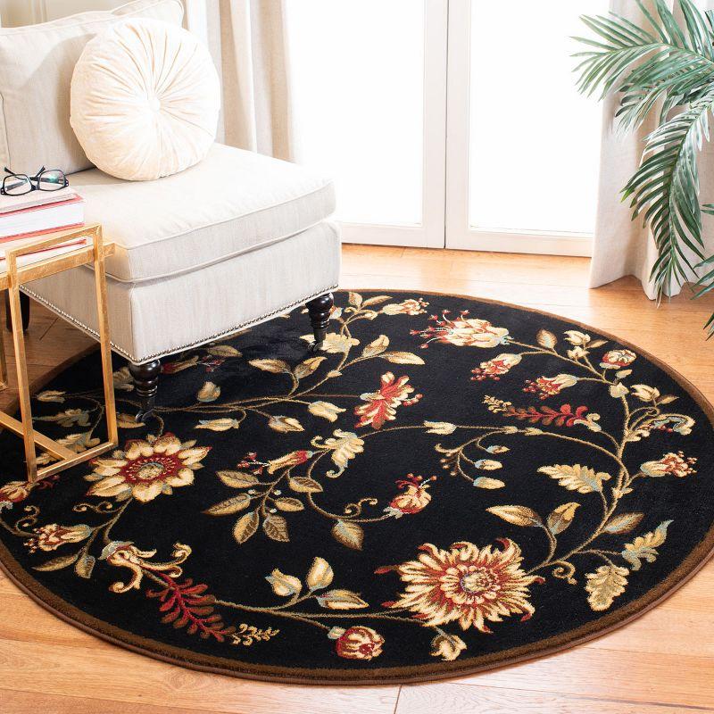 Round Black Floral Synthetic Easy Care Area Rug