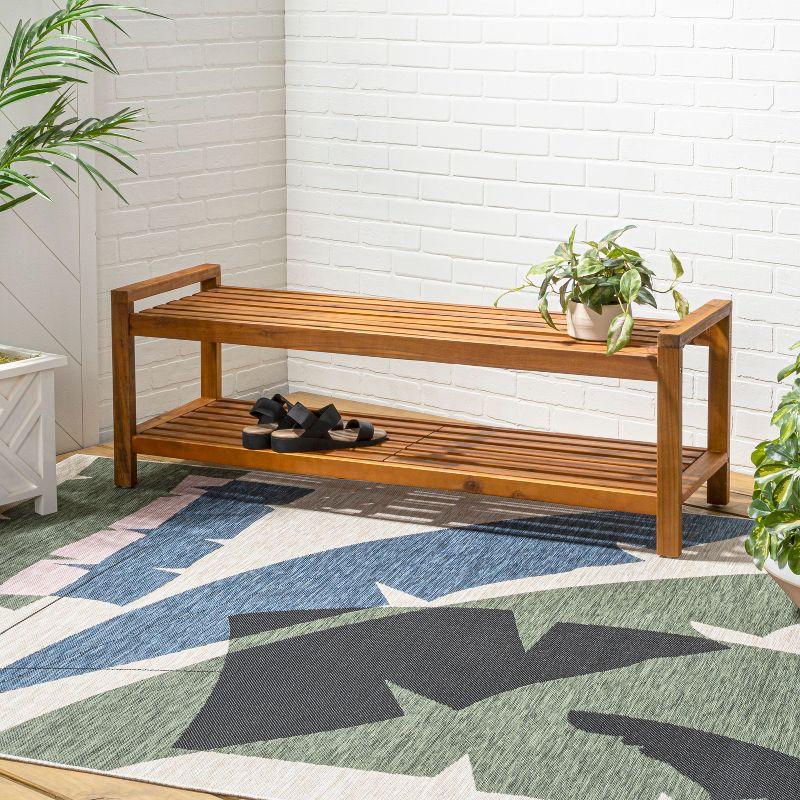 Blane 3-Seat Mid-Century Modern Acacia Wood Slat Outdoor Garden Patio Bench, Teak - JONATHAN Y