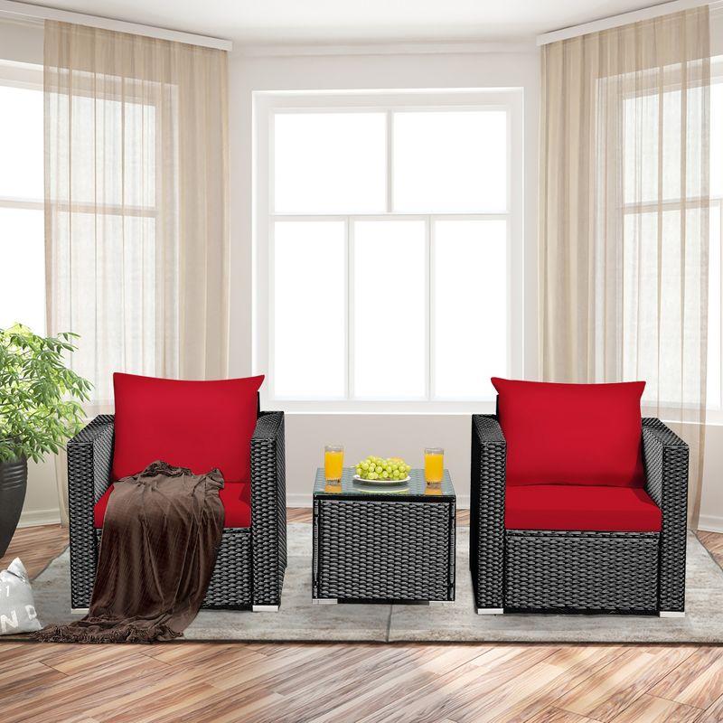 Costway 3PCS Patio Rattan Wicker Furniture Set Sofa Table W/Cushion Yard Red