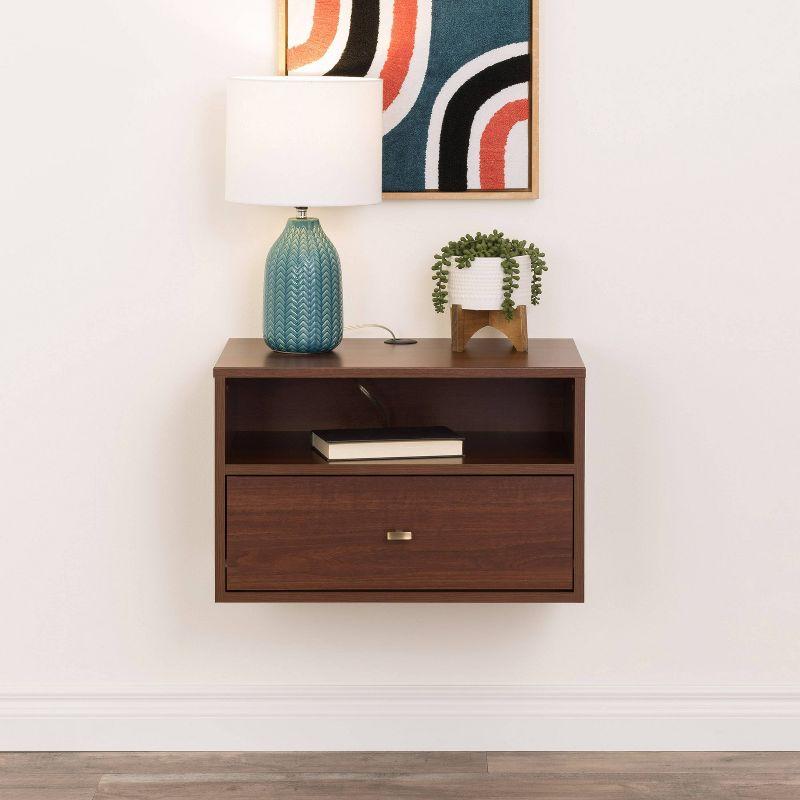 Cherry Laminated Floating Nightstand with Drawer and Open Shelf