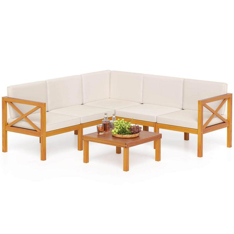 Tangkula Set of 6 Acacia Wood Patio Furniture Set Outdoor Sectional Conversation Set w/ Cushions & Coffee Table Off White