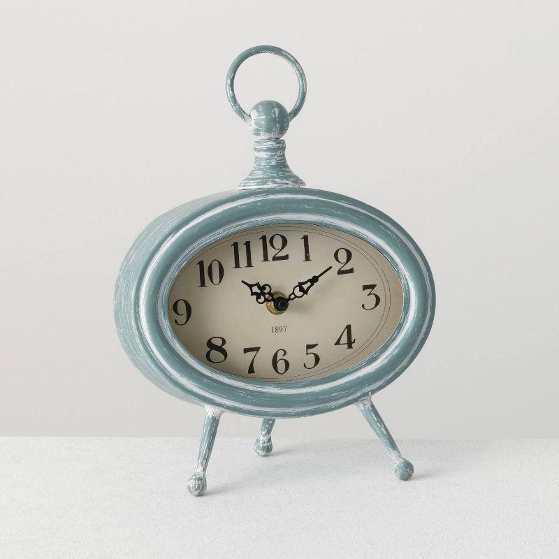 Vintage Blue Oval Quartz Desk Clock with Stand