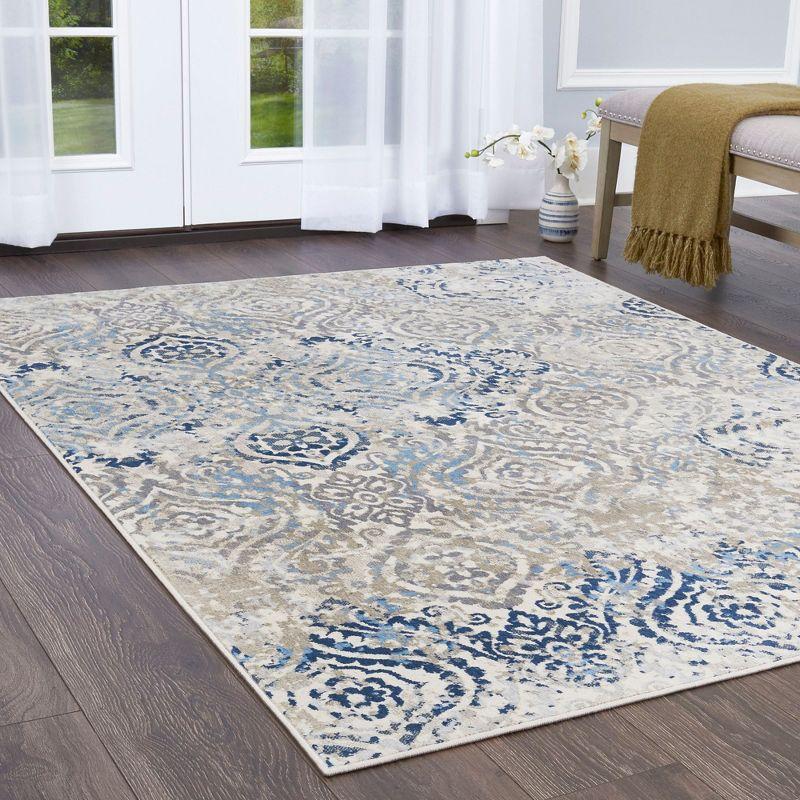 Ivory and Blue Moroccan Damask 9' x 12' Area Rug