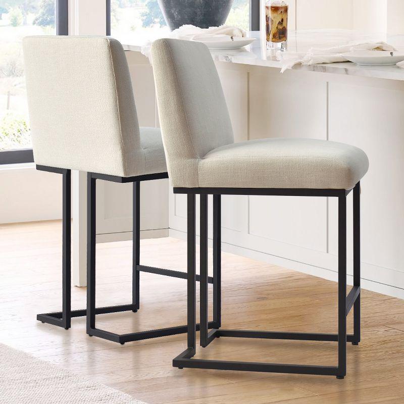 Beige Upholstered Counter Stools with Black Metal Sled Legs, Set of 2