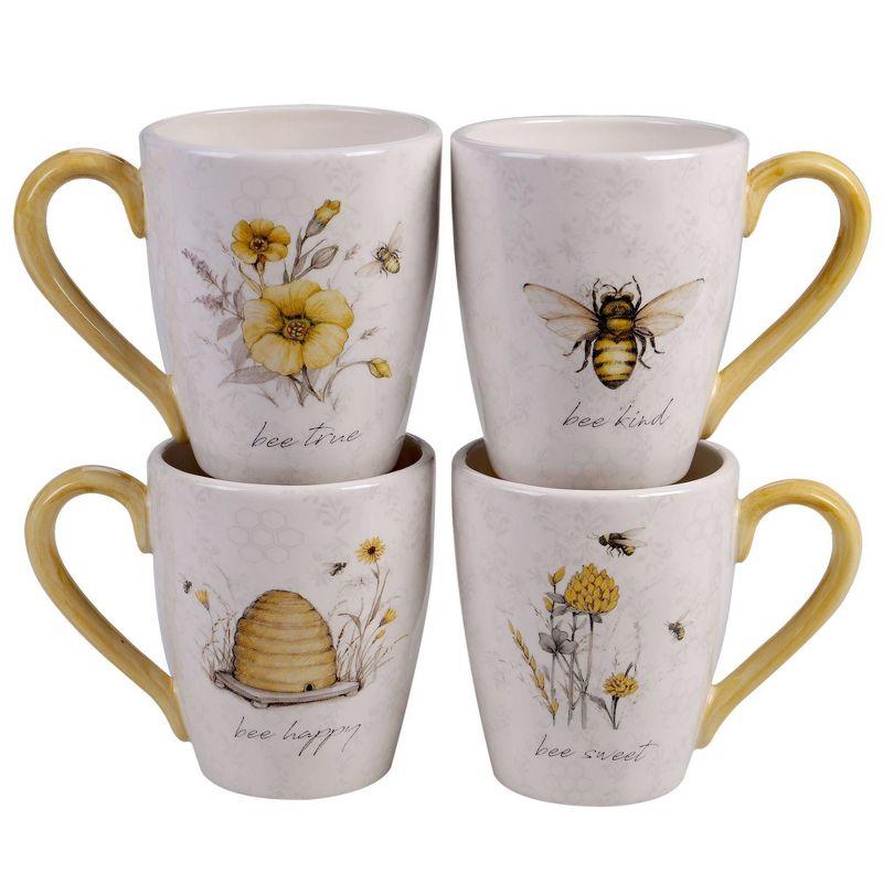 Bee Sweet White Ceramic Floral Print Mug Set of Four