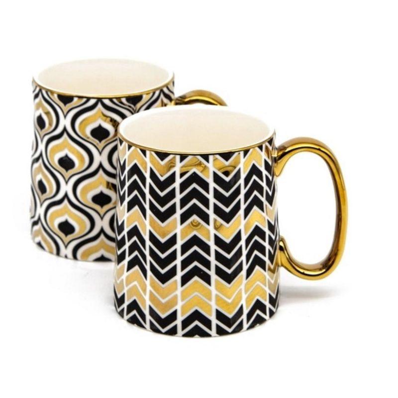 Kook Black and Gold Coffee Mugs, 14.8 oz, Set of 2