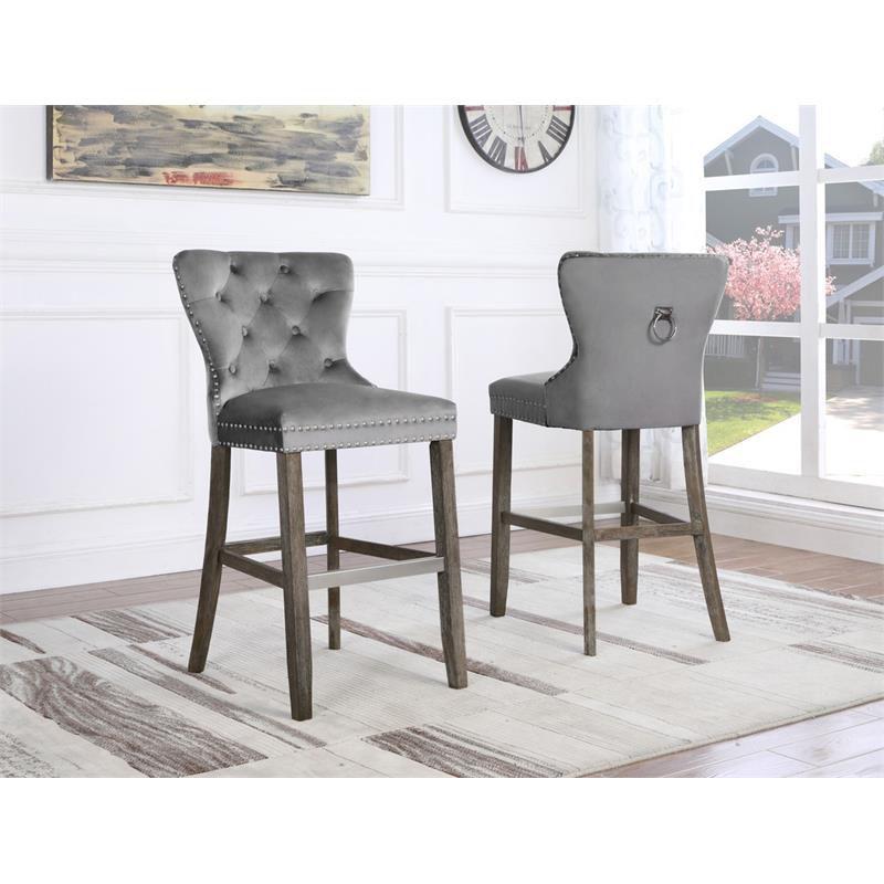 Rustic Gray Velvet Bar Stools with Chrome Handle and Footrest (Set of 2)