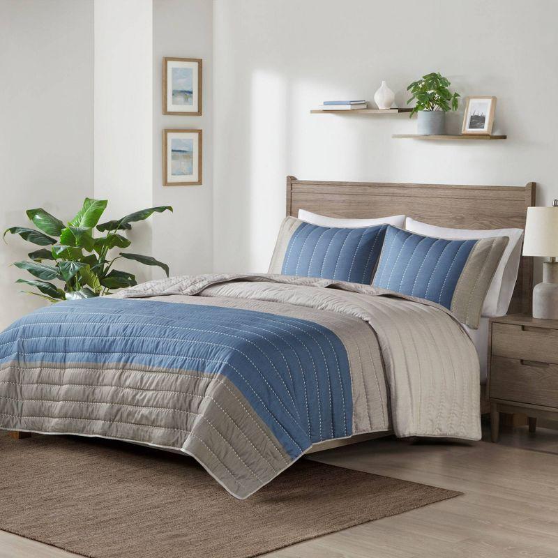 Blue and Taupe Reversible Microfiber Full Quilt Set