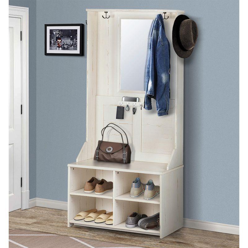 Antique White Wooden Hall Tree with Shoe Bench and Mirror