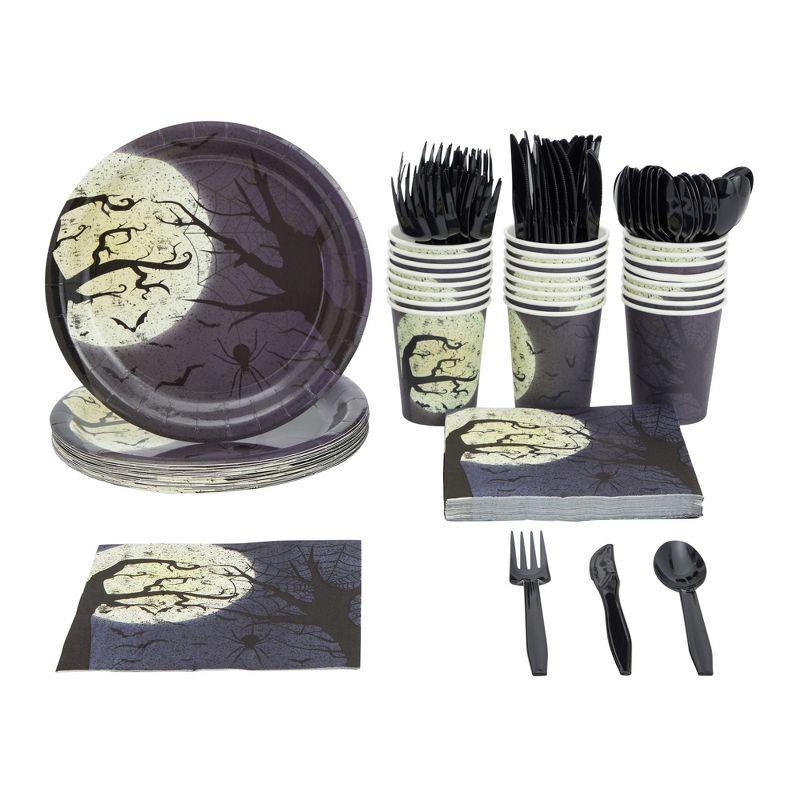 Blue Panda 144 Pieces Full Moon Halloween Party Supplies, Paper Plates, Napkins, Cups, Cutlery for Spooky Gatherings (Serves 24)