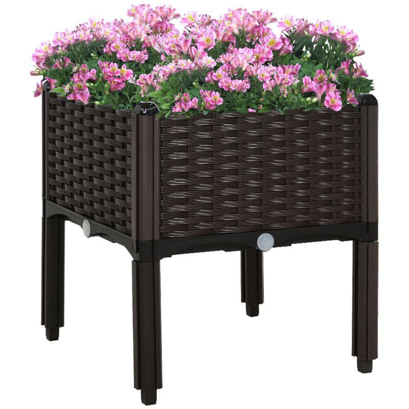 Outsunny Plastic Raised Garden Bed Planter Raised Bed with Self-Watering Design and Drainage Holes for Flowers, Brown