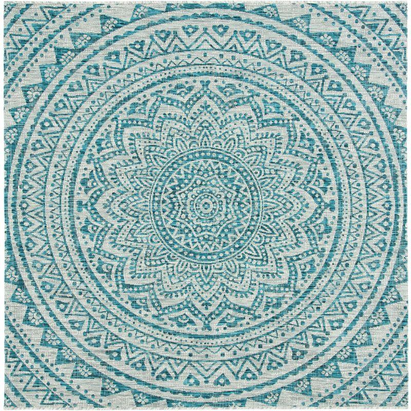 Light Grey & Teal Square Synthetic Indoor/Outdoor Rug - 31"