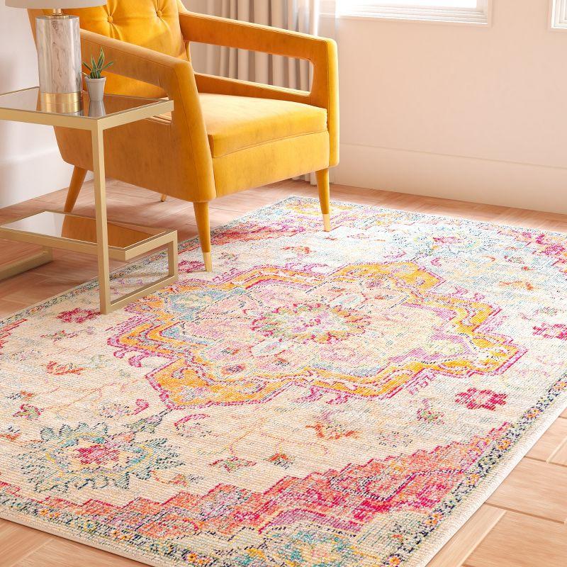 Light Blue and Fuchsia Medallion Square Synthetic Rug