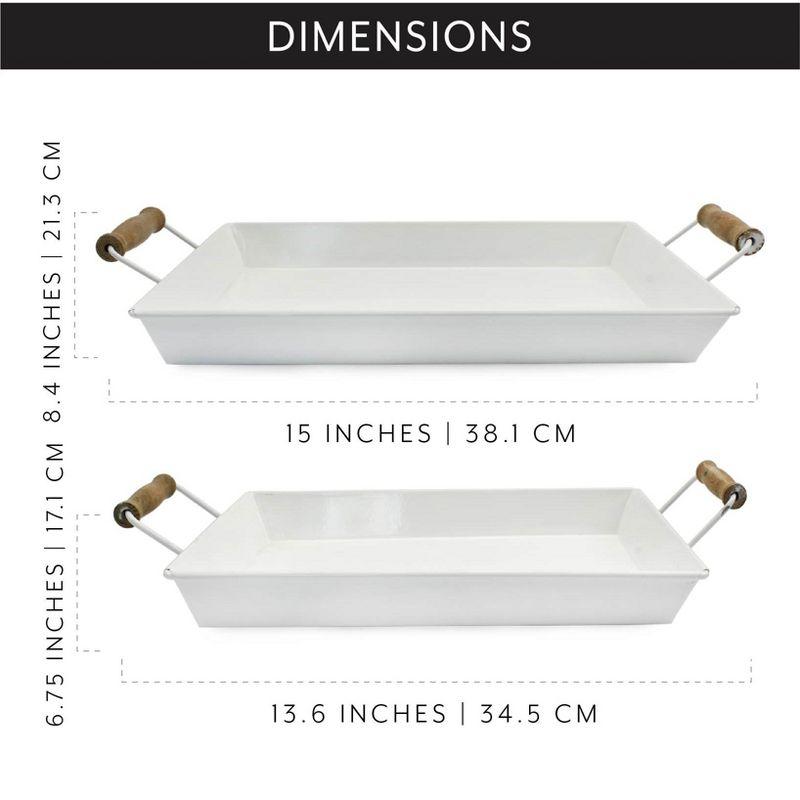 AuldHome Design  Rustic White Enamelware Trays, Small & Medium 2pc Set; Farmhouse Decor Trays w/ Handles