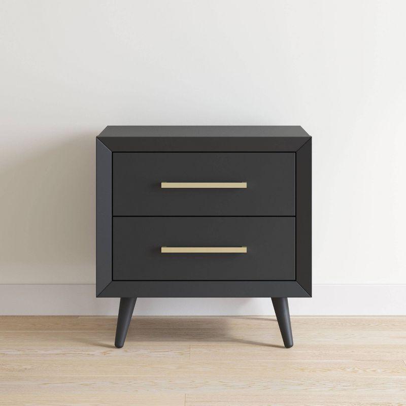 Ebony Pine Wood 2-Drawer Mid-Century Modern Nightstand