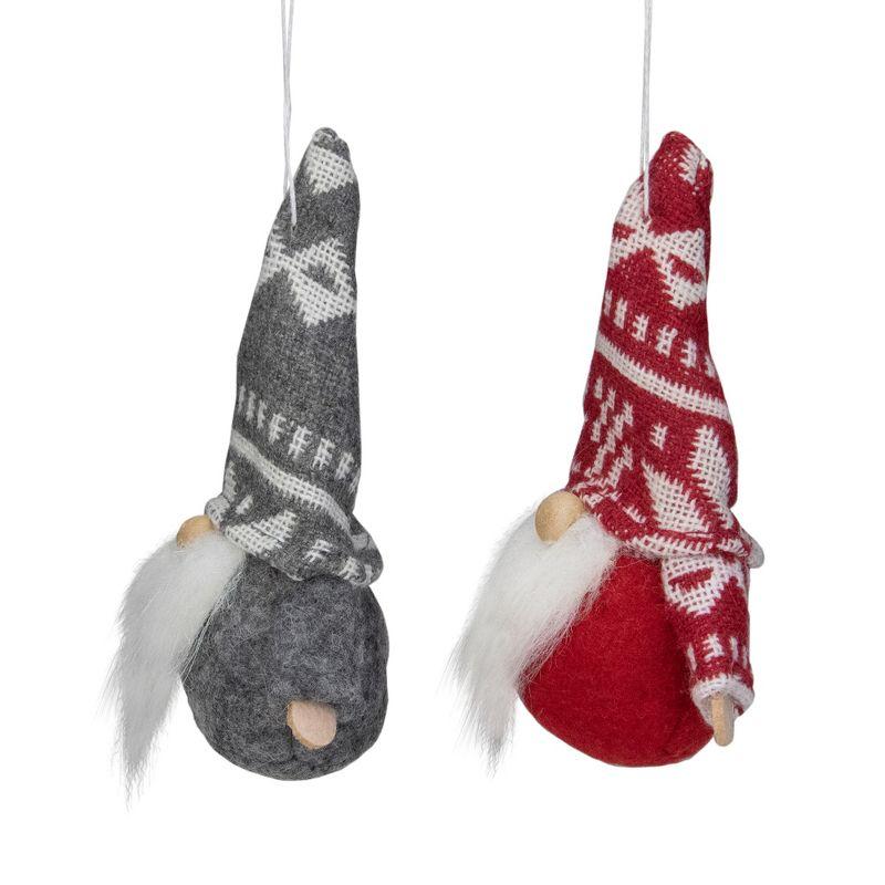 Set of 2 Gray and Red Santa Gnome Hanging Ornaments