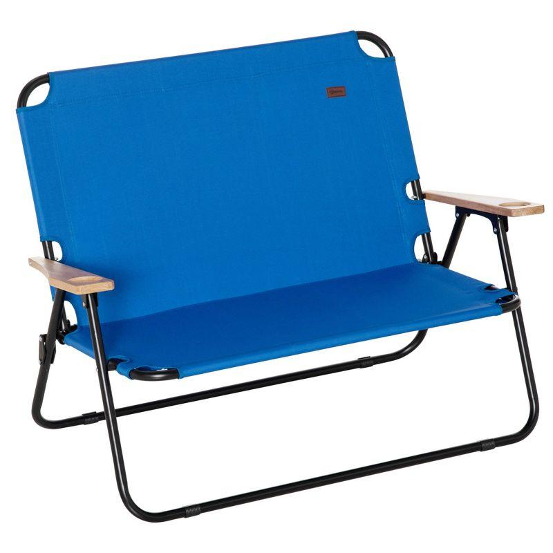 Blue Folding Double Camping Chair with Wood Armrests