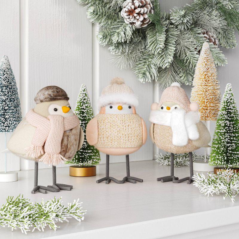 Snowy White Fabric Winter Bird Figurine Set, 3-Piece