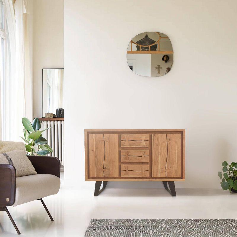 Acacia Wood Sideboard with Black Iron Base and Hinged Doors