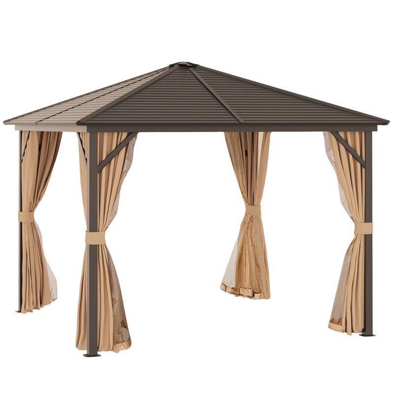 Outsunny 10x10 Hardtop Gazebo with Aluminum Frame, Permanent Metal Roof Gazebo Canopy with Curtains and Netting for Garden, Backyard, Light Brown