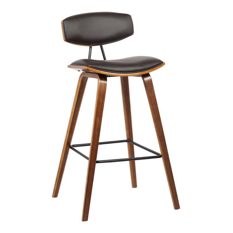 Armen Living 26" Fox Mid-Century Counter Height Barstool in Brown Faux Leather with Walnut Wood: Upholstered Square Seat, Padded Back