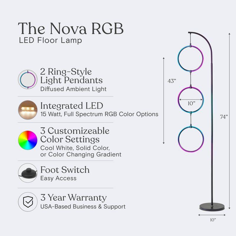 Brightech Nova 74 in. Novelty Industrial 3-Hanging Ring Light LED Standing Floor Lamp with Built-In Color Options