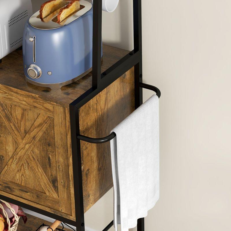 HOMCOM Kitchen Baker's Rack with Power Outlet, LED Lights, Microwave Stand with Storage Shelves, Wine Bottle Rack, Barn Door Cabinet, Rustic Brown