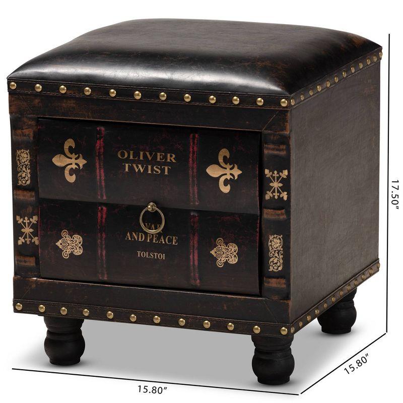 Charlier Rustic Dark Brown Faux Leather Storage Ottoman with Book Spine Drawer